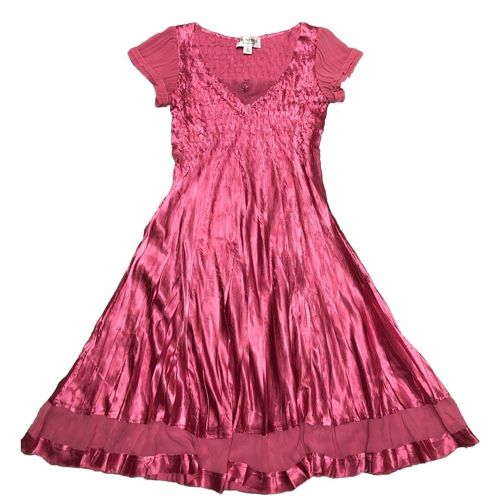 JR Nites Carol Lin Dress M Pink Crinkle Plisse Sheer Trim Midi Whimsigoth‎ Y2K
